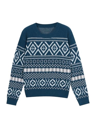 MakeMeChic Women's Geo Pattern Crew Neck Sweater Long Sleeve Knit Vintage Pullover Tops