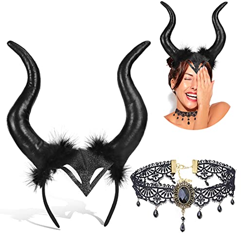 Wishstar 2 Piezas Tocado Cuerno Halloween，Gótico Encaje Collar Tocado de Cuerno Negro，Cuernos del Diablo Accesorios para el Cabello，Halloween Carnaval Partido Mascarada Carnaval