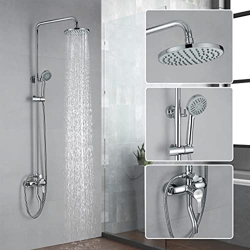 CRO Bathroom Outdoor Shower Fixtures with Tub Spout, Exposed Shower Combo Faucet Set with Adjustable Slide Bar, Stainless Steel 8 Inch Rainfall Shower Head with Handheld Wall Mount Single Handle CRO Bathroom Outdoor Shower Fixtures with Tub Spout, Exposed Shower Combo Faucet Set with Adjustable Slide Bar, Stainless Steel 8 Inch Rainfall Shower Head with Handheld Wall Mount Single Handle