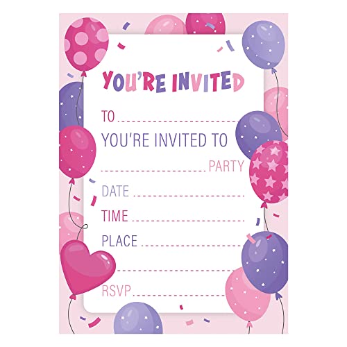 32 Kids Childrens Birthday Party Invitations with Envelopes Invitation Pink Pack of 32 Balloon Invites - Designed and Printed in the UK