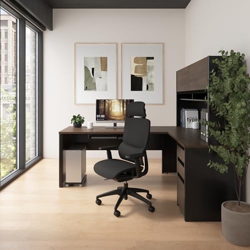 Image of Bestar L Shaped Desk with Drawers, Hutch, and Keyboard Tray, Executive Workstation for Home or Professional Office, 72 Inches, Connexion Collection, Antigua and Black