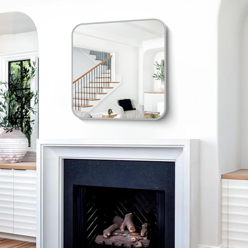 Image of Silver Bathroom Mirror, 30 x 30 Inch Silver Square Mirror, Metal Framed Rectangular Vanity Mirror, Rounded Corner Wall Mounted Mirror for Living Room Bedroom Entryway Hangs Horizontal /Vertical