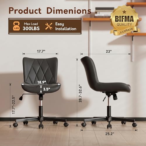 Image of Armless Desk Chair, Morden Home Office Chair no Arms, Adjustable Height & Rocking Computer Chair, PU Leather Vanity Chair, Ergonomic Seat Soft Padded Desk Chairs for Home Small Space, Black