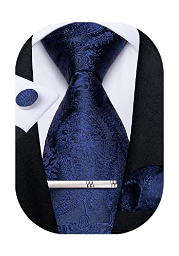 Image of DiBanGu Paisley Ties for Men Silk Necktie and Pocket Square Cufflinks Tie Clip Set Woven Classic Mens Tie for Wedding Party