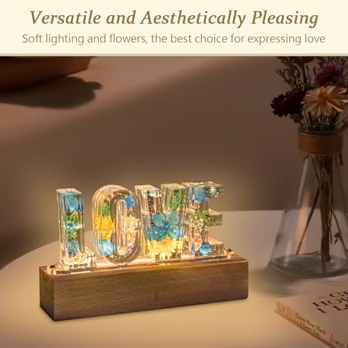Image of Floral Letter LED Night Light: Resin Dried FlowerLetters Lamp with USB - Handmade Pressed Flower Nightlight Unique Customized Gift for Home Decoration (TP-Blue Flower, 1)