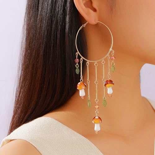Colorful Boho Tassel Hoop Earrings Mushroom Leaves Dangle Earring for Women3