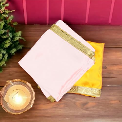 Image of Pooja Cloth for Mandir - White & Yellow Satin Fabric for Prayer Rituals, Pooja, & Multi-Purpose Use,