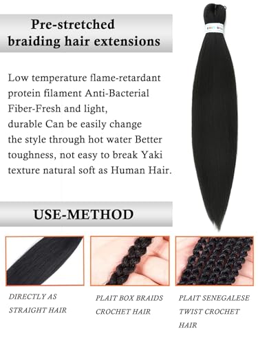 Pre Stretched Braiding Hair Long Braid 26 Inch,#1B Color 3 Packs Braiding Hair Extensions Professional Itch Free Hot Water Setting Perm Yaki Texture Prestretched Braiding Hair(1B,3pack) - Image 4
