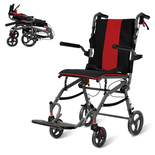 Rollstuhl Faltbar Leicht, Schmaler Transportrollstuhl mit Verstellbarer Höhe, Ergonomischen Griffen und 360° Rädern, Geeignet für Wohnung und Unterwegs (Rot)
