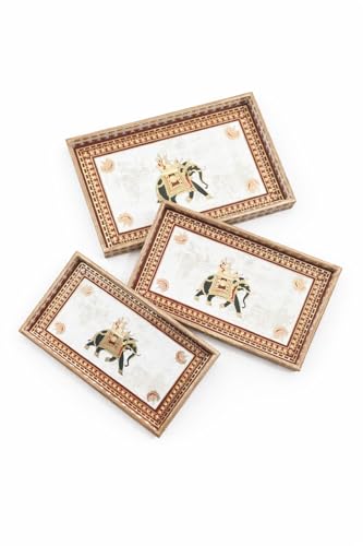 Image of Wooden Enamel Coated Serving Tray Set of 3 for Home Decor Multipurpose Rectangular Trays for Kitchen Living Room and Coffee Table with Printed Design (C-3)