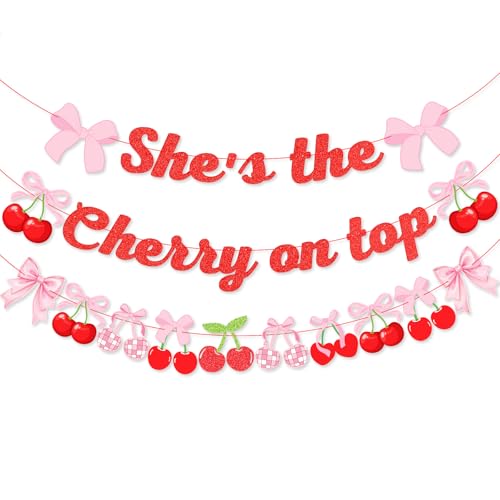 Image of K KUMEED 3PCS Cherry Party Decorations,She's The Cherry On Top Theme Banner, Cherry Garland Decor Summer Fruit for Birthday Baby Shower Wedding Bridal Shower