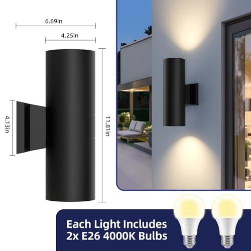 Image of JAYMP 11.8 inch Up and Down Wall Sconce Aluminum Modern Outdoor Light, Black Round IP65 Waterproof Exterior Wall Lamp for Front Door Patio Porch Staircase Hallway