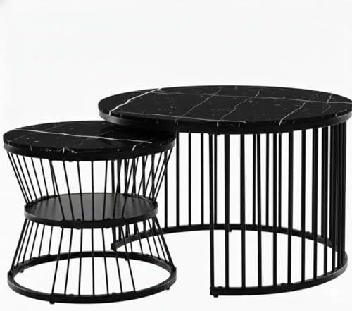 Image of Roldo Modern Nesting Coffee Table Set of 2 for Living Room, Round Coffee & Side Table with Metal Frame and Marble Finish MDF Top, Center Table for Sofa, Home Decor Office & Apartment (Black)