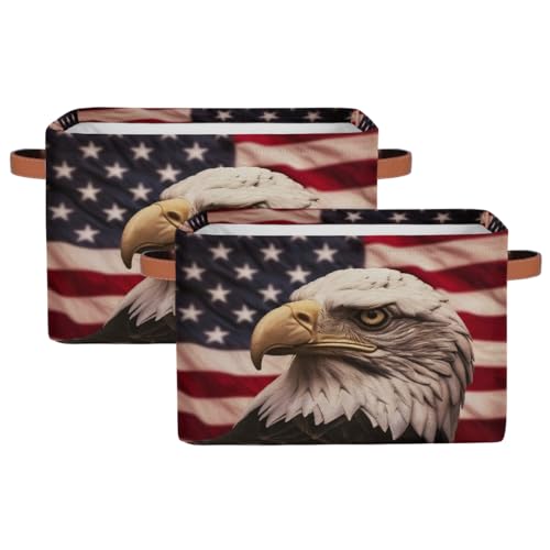 Image of Retro American Flag Storage Baskets for Organizing, Fabric Collapsible Storage Bins Box Bald Eagle Decorative Toy Organizer Baskets for Closet Shelves Gift Basket 2Pcs