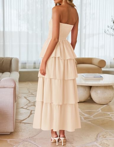 Image of ZESICA Women's Summer Boho Strapless Maxi Dress 2026 Casual Sleeveless Off Shoulder Smocked Tiered Beach Long Sundress