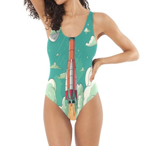 Maillot de bain monokini rouge rétro futuriste fusée pour femme