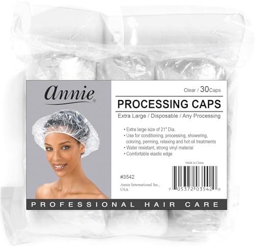 ANNIE Extra Large Processing Caps — Clear Disposable Hair Treatment Caps for Coloring, Perming, Conditioning & Showering — 100-Count XL 21″ Diameter Protective Caps