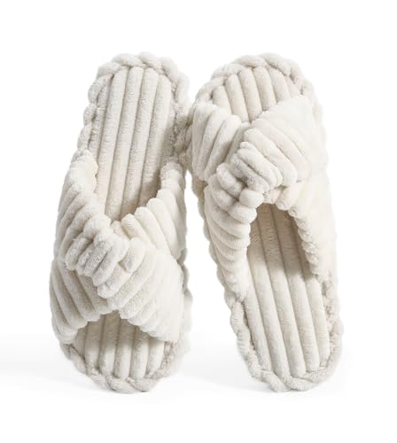 Cosy Pyro Slippers for Women House Bedroom Furry Cross Bands Slide Shoes Anti-Skid Sole Open Toe Slippers