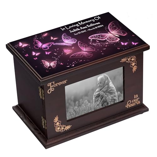 Cremation Urns for Human Ashes Adult Male Female Custom Personalized Wooden Urn for Ashes Men Women Memorial Burial Funeral Urns with Photo Frame (Butterfly)