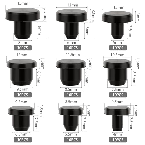 Image of 90 Pcs Silicone Rubber Hole Plugs - Assorted Sizes 4-9.5mm, Durable Round Rubber Stopper Plugs for Holes, Waterproof Black Silicone Plugs Set for Bottles, Pipes, and Test Tubes (90)