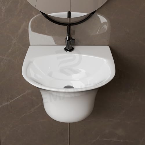 Image of REMANENCE Luxury Wall Mount Half Pedestal Wash Basin for Bathroom | Designer Wall Hung Basin | Wall Mounted Washbasin for Resturent, Hotels (16 x 16 x 11 Inch) (Glossy White)