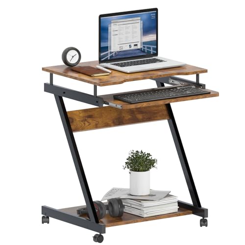SogesPower Petit Bureau Mobile pour Ordinateur, Table Bureau Ordinateur avec Roues Verrouillables et Plateau pour Clavier, 60 x 46 x 73 cm, Marron
