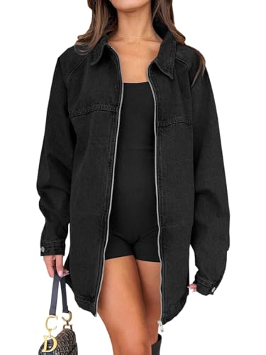 Tankaneo Womens Oversized Denim Jackets Casual Zip up Spring Long Sleeve Jean Jacket with Pocket