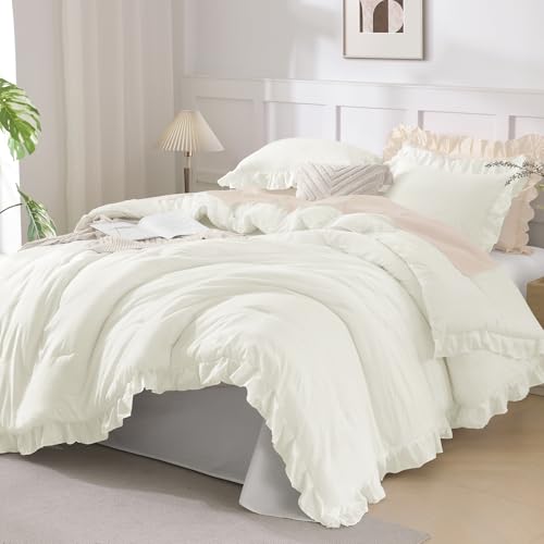 Andency Ivory Ruffle Comforter Twin XL(68x92Inch), 2 Pieces(1 Ruffled Comforter and 1 Pillowcase) Solid Farmhouse Shabby Chic Bed, Vintage Rustic Soft Microfiber Bedding Set