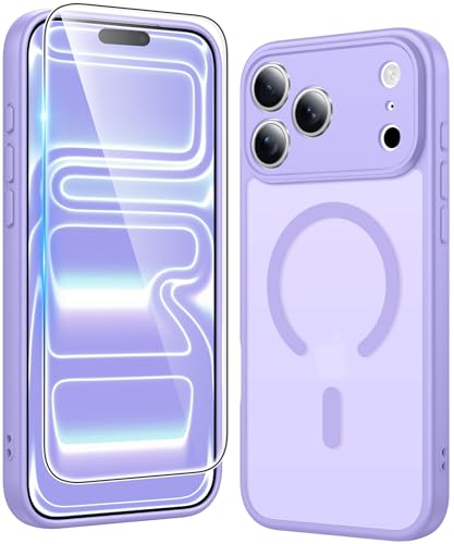 Image of FNTCASE for iPhone 17 Pro Case: Matte Magnetic Phone Cases with Screen Protector Compatible with Magsafe Slim Anti Yellowing Rugged Shockproof Protective Translucent Cell Phone Cover (C-Purple)