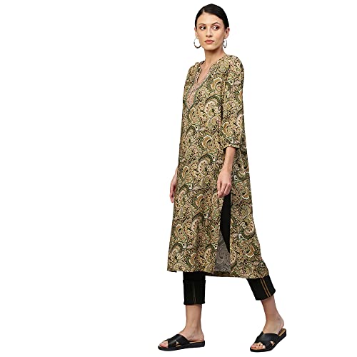 Image of Chemistry Women's Elegant Viscose Round Neck Paisley Printed Kurta | Regular Ethic Wear | Soft and Flowy Texture | Classic and Timeless Appeal with Three-Quarter Sleeves | Versatile for Casual Outings, Festive Occasions, OfficeWear |Olive Green