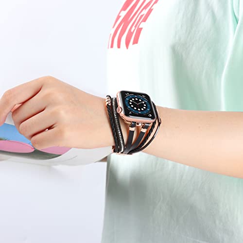 Wonmille Posh Leather Bands Compatible With Apple Watch 45Mm 44Mm 42Mm 49Mm Women, Boho Bracelets Jewelry Multilayer Wrap Strap For Iwatch Series Se 8 7 6 5 4 3 2 1 (Black/Rose Gold, 42Mm/44Mm/45Mm) #TOP6
