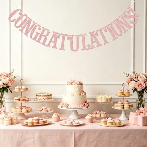 Image of Congratulations Banner, Graduation Party Decor | Rose Gold Glitter Congrats Sign for Retirement, Wedding, Job Promotion Party Decorations, Pre-strung