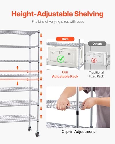 Image of VEVOR 7-Tier Rolling Bin Storage Rack, 24 Small Bins, Bin Rack Storage Steel Wire Shelving System with Wheels, Mobile Tool Organizer for Garage, Warehouse, Office, Restaurant, Classroom, Kitchen