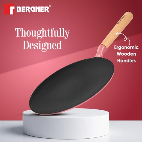 Image of BERGNER Excalibur Lightweight Cast Iron Roti Tawa 26cm, Sturdy Wooden Handle, Non-Stick Coating, PFAS Free, Perfect Heat Distribution, Elegant Design - Induction and Gas Stove Ready (Pink)