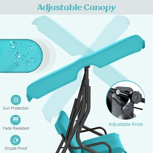 Image of Tangkula 3 Person Porch Swing, Patio with Removable Cushion & Powder-Coated Steel Frame, Outdoor Swing with Canopy for Porch, Backyard, Garden, Balcony (Turquoise)