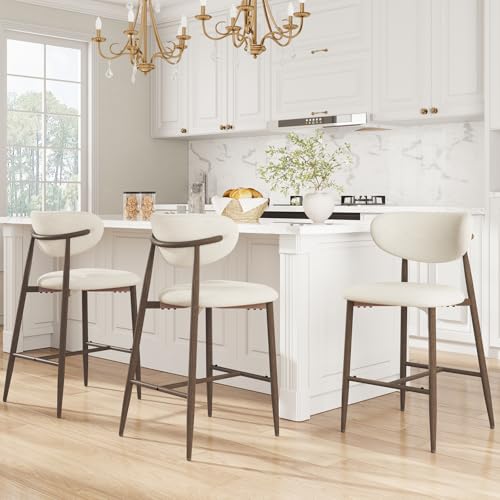 Image of MALOL Bar Stools Set of 3, Upholstered Counter Height bar stools with Backs and Metal Legs, Modern Kitchen Bar Stools for Kitchen Island, Counter, Beige