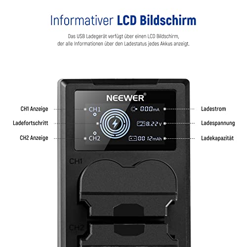 NEEWER NP-W235 Kamera Akkuladegerät Set, Doppel Steckplatz USB Ladegerät mit LCD, 2er Pack 2400mAh Ersatzakkus Kompatibel mit Fujifilm X-T5… – Ansicht 6