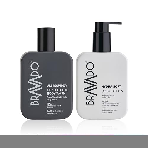 Image of BRAVADO Head to Toe Body Wash & Hydra Soft Body Lotion for Men | Combo Pack of 2, 400ml | Deep Cleansing Body Wash + Moisturizing Lotion with SPF | Daily Grooming Kit