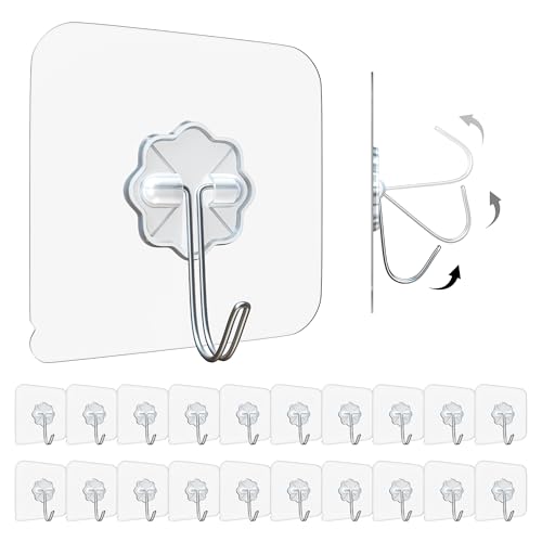 Image of Eightiz 20 Pcs Flower Hook PVC Heavy Duty Self Adhesive Stainless Hooks, Transparent Waterproof and Oilproof Wall Hooks for Kitchen Bathroom Shower Door Outdoor Home Improvement Utility Hook
