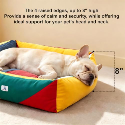 Image of Cotton Canvas Dog Bed, Cute Dog Beds for Small Dogs, Puppy Bed with Washable Removable Cover, Durable 290 GSM Cotton Anti-Chewing Pet Bed with Anti-Slip Bottom (24 inchx20 inchx8 inch, Red&Yellow&Green)