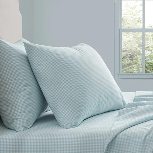 Image of Martha Stewart - Twin Size Sheets Set, Crisp & Tailored Cooling Sheets w /a Naturally Smooth Cotton Percale Lightweight Feel - Bed Sheets with Matching Pillowcase & Fitted Sheet (Small Gingham Blue)
