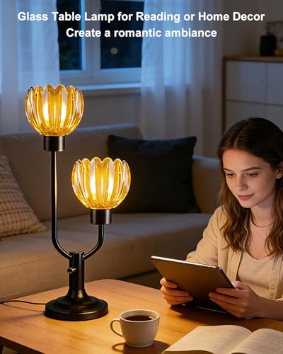 Image of Lightdot Mid Century Modern Flower Table Lamp for Bedroom Black Dimmable | Nightstand Lamp Amber Glass Vintage Desk Lamp 2 Bulbs Included Warmwhite Ambient Bedside Lamp for Living Room Home Decor Gift