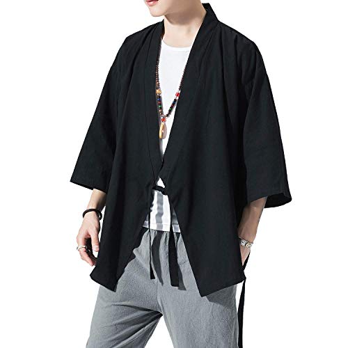 Image of PRIJOUHE Men's Kimono Jackets Cardigan Lightweight Casual Cotton Blends Linen Seven Sleeves Open Front Coat Outwear