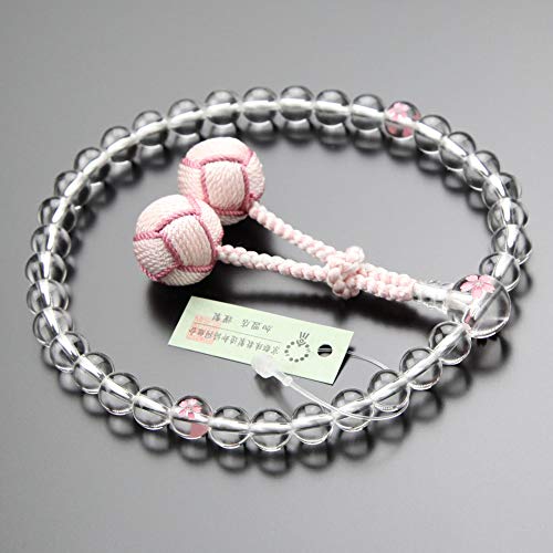 念珠ドットコム 数珠 女性用 約8ミリ 本水晶 桜彫り 2色梵天房【略式数珠 京念珠 京都 宗派共通 さくら 桃色 ピンク 可愛い お洒落 マイ数珠 2000200302506】【数珠袋プレゼント!】