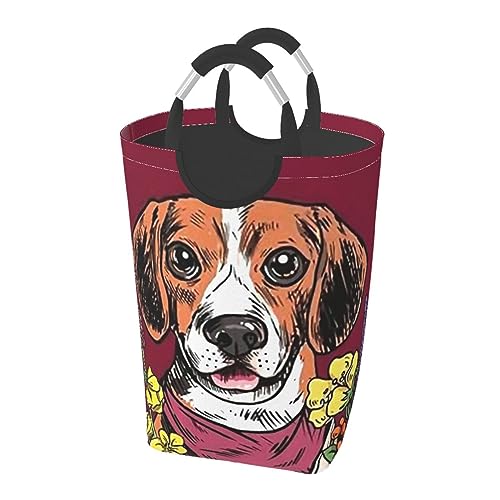 四角い折りたたみ式 ビーグル 花柄 犬 ランドリーバスケット 折り畳み式 洗濯物入れ ランドリーかご 取っ手付き 洗濯かご 洗濯バスケット 脱衣かご 持ち手付き 汚れた衣類バッグ 衣類収納 ランドリー収納 大容量 撥水加工 雑貨収納
