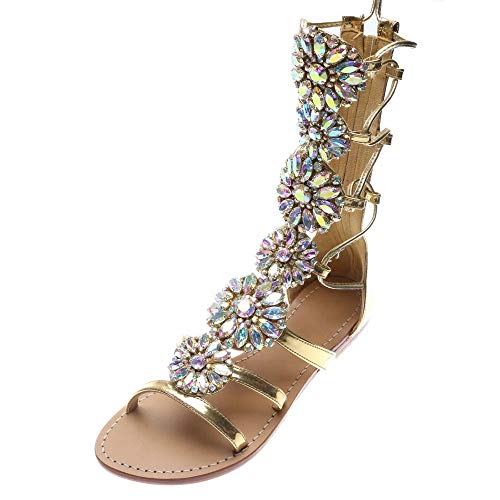 Women's Flat Rhinestone Summer Bandage Bling Sandals Gladiator Wedding Bridal Banquet High End Dress Sexy Silver Gold Beach Sandals (Gold 39) #TOP3