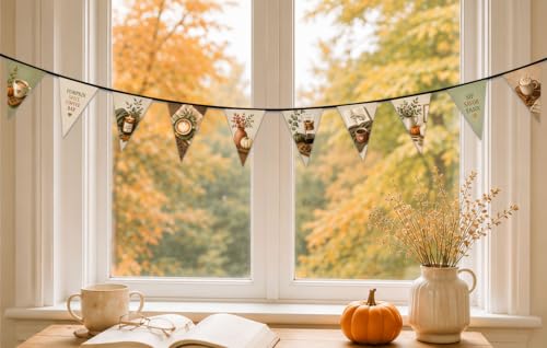 Image of Pumpkin Spice Coffee Bar Fall Banner, 12 Triangle Burlap Look Pennant Garland, Cozy Autumn Coffee Station Decor, Farmhouse Kitchen, Cafe, Thanksgiving Home Decorations, 13 ft