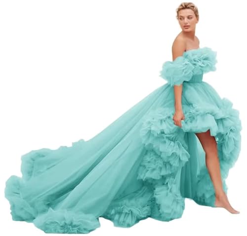 High Low Tulle Prom Dresses Off Shoulder Ruffles Ball Gown A Line Puffy Formal Evening Party Gown with Train