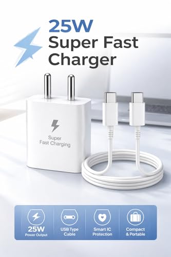 Image of 25W Charger for Samsung Galaxy S24 fe with Type-C to C Cable | Super Fast Charging PD Adapter for Galaxy S26 /S25 Ultra, S24 FE, M17e /A36 /A16, M15 /M17 /M55 5G, F17 /F70e /Z Fold & S /A /M /F /Z Series Phones