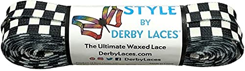 Derby Laces Style Wide 10mm Waxed Lace for Roller Skates, Hockey Skates, Boots, and Regular Shoes (Checkered Black and White, 72 Inch / 183 cm)